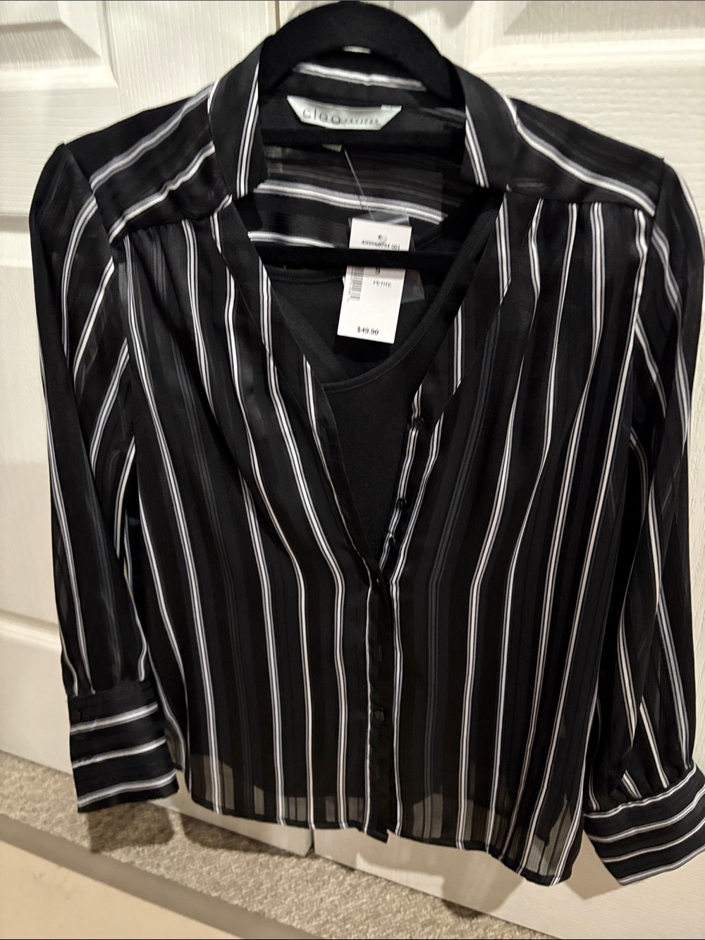 Cleo Black and White Vertical-Stripe Button Blouse with black tank